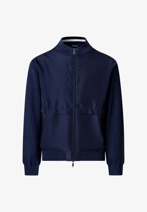 Veste bomber bleu marine avec col, poignets et bas côtelés, fermeture éclair frontale complète et poches latérales zippées.