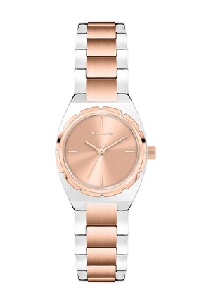 Roségoldene und silberne Metalluhr mit einem runden Ziffernblatt, polierter Oberfläche und minimalistischem Stundenmarkierungen. Verfügt über ein Gliederarmband-Design.