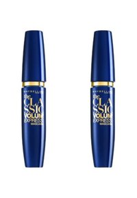 Tube de mascara cylindrique bleu avec une finition brillante, lettrage doré et un couvercle conique. L'étiquette présente clairement "Classic Volume Express".