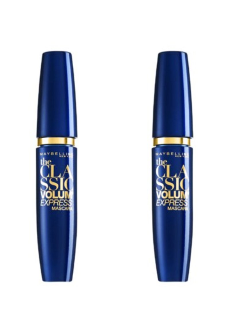 Tube de mascara cylindrique bleu avec une finition brillante, lettrage doré et un couvercle conique. L'étiquette présente clairement "Classic Volume Express".