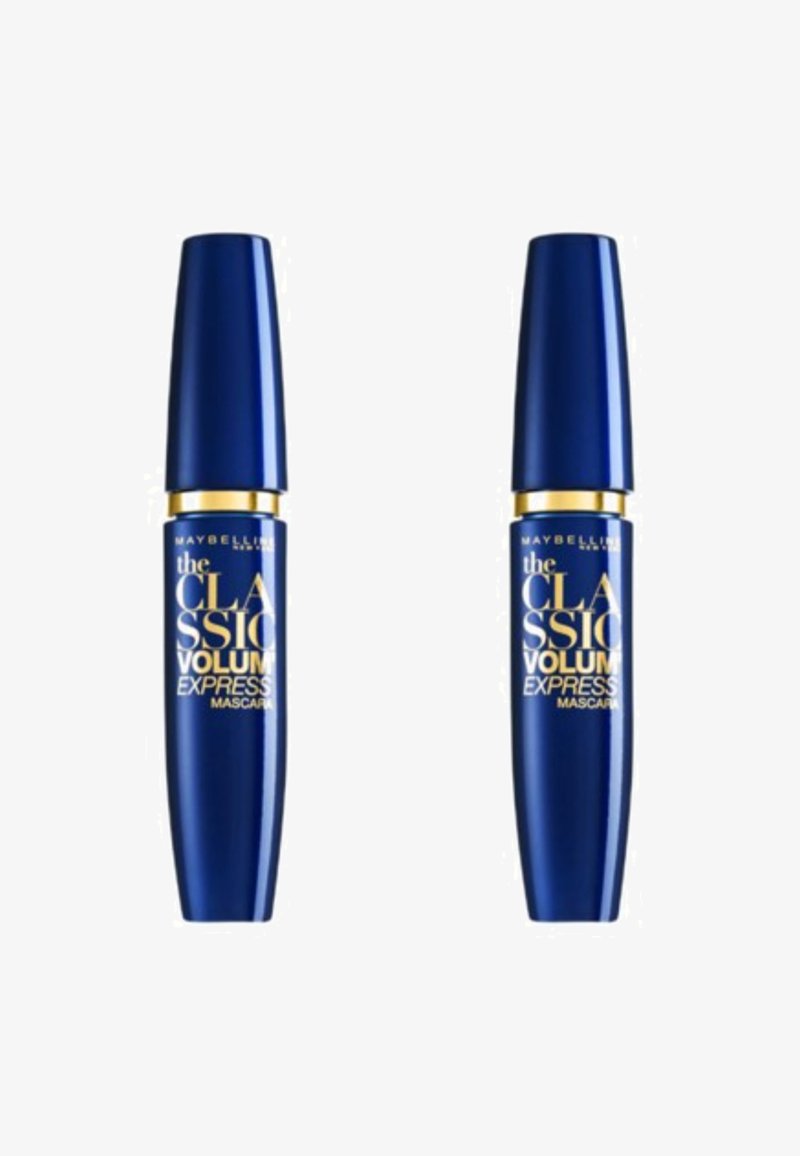Tube de mascara cylindrique bleu avec une finition brillante, lettrage doré et un couvercle conique. L'étiquette présente clairement "Classic Volume Express".