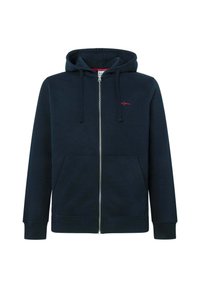 Sudadera con cremallera en color marino, hecha de mezcla de algodón, con un bolsillo frontal, capucha ajustable con cordón y logo bordado en rojo en el pecho.