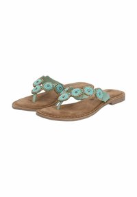 Blå perle thong sandaler med en mintgrøn overdelen, blød brun sål og flad bund. Perlerne danner cirkulære mønstre langs stropperne.