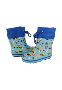 Blauwe kinderregenlaarzen met gele bouwvoertuigen en oranje verkeerskegelpatronen, voorzien van verstelbare blauwe stoffen manchetten.