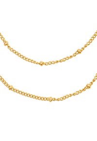 Collana in oro con maglie alternate lisce e testurizzate. Presenta accenti rotondi, simili a perline, distribuiti lungo tutta la lunghezza.
