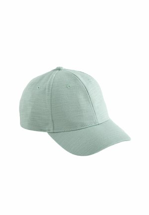 Light green baseball cap with curved brim, six-panel construction, and embroidered ventilation eyelets on each panel.