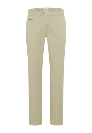 Pantaloni da uomo beige a taglio aderente con chiusura a bottone e zip, passanti per cintura, tasche laterali e una piccola tasca porta monete sul lato destro.