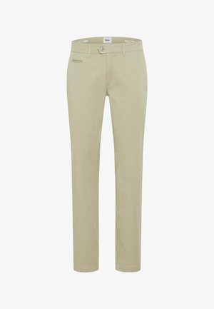 Beige, schmal geschnittene Herrenhose mit Knopf- und Reißverschluss, Gürtelschlaufen, Seitentaschen und einer kleinen Münztasche auf der rechten Seite.