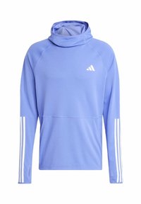 Hellblauer Langarm-Pullover mit Kragen, mit weißem Adidas-Logo und drei weißen Streifen an den Ärmeln. Weicher, elastischer Stoff.