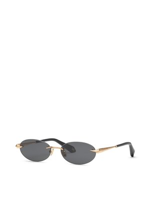 Lunettes de soleil ovales noires élégantes avec des accents dorés sur le pont et les branches, et des branches noires courbes et lisses.
