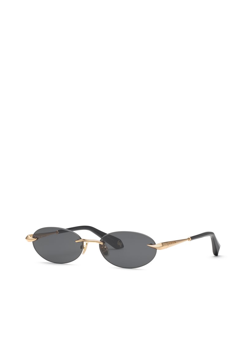 Sleek oval black sunglasses with gold accents on the bridge and temples, and smooth black curved earpieces.