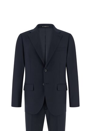 Donker marineblauw colbert met een knoopsluiting aan de voorkant, inkepingsrevers, twee knopen, klepzakken en bijpassende broek.