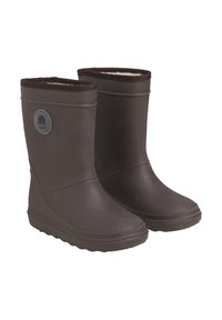 Bottes de pluie en caoutchouc marron avec une douce doublure en polaire marron, bout arrondi et petit talon. Présente un logo d'éléphant sur le côté extérieur.