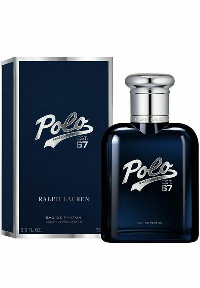 Marineförpackning med metallisk silveraccent visar "Polo Ralph Lauren" och "ETABLERAD 67," tillsammans med en glasflaska märkt "Eau de Parfum."