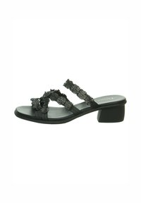 Black block-heeled sandals with floral embellishments, featuring two overlapping straps and a soft, matte finish.