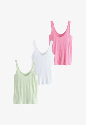 Trois débardeurs côtelés en vert pastel, blanc et rose. Ils présentent des bretelles larges et un col en scoop, avec une texture douce.
