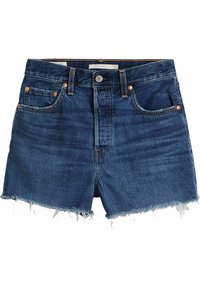 Džínové šortky v tmavě modré barvě s roztrhaným lemem, čtyřmi kapsami, měděnými nýty a zapínáním na knoflík vpředu. Materiál je měkký s jemnou texturou.