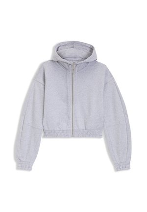 Jasnoszara krótka bluza z kapturem na suwak z przodu, z długimi bufkami na rękawach, elastycznymi mankietami i dołem oraz przymocowanym kapturem na białym tle.