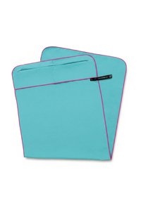 Turquoise fabric sleeves with pink piping. Rectangular shape, smooth texture. Features a horizontal opening and a logo tag on one side.