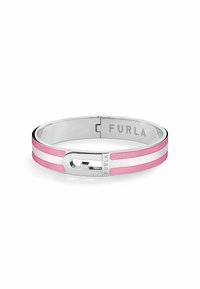 Furla käevõru hõbedatooni metallist, roosa emailiga riba, lukuga kinnitusega ja fooliumtähisega, et lisada detaili.