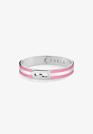 Bransoletka Furla w metalicznym srebrnym kolorze z różową emalią, z zapięciem na zamek i wytłoczonym logo dla dodatkowego wykończenia.