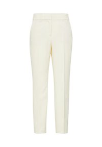 Lichtcrème, op maat gemaakte broek met een gladde textuur, slim fit en zijzakken. Heeft een ritssluiting en lussen voor een riem voor verstelbare maat.