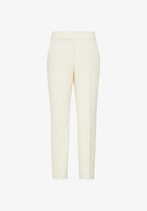 Pantaloni su misura in crema chiaro, con una texture liscia, taglio slim e tasche laterali. Presentano un'apertura con cerniera e passanti per cintura per una vestibilità regolabile.