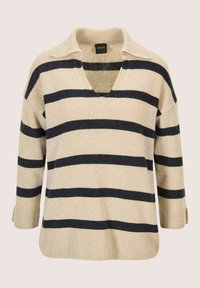 Beige gestrickter Pullover mit breiten schwarzen horizontalen Streifen, V-Ausschnitt, Kragen und 3/4-aufgerollten Ärmeln.