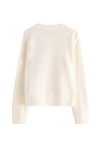 Crème-kleurige trui met een gestructureerd, honingraat breipatroon. Heeft lange mouwen en een ribgebreide halslijn en zoom.