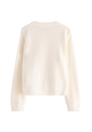 Sweter w kolorze kremowym z teksturowanym wzorem w warkocz. Posiada długie rękawy oraz ściągacze przy dekolcie i końcach rękawów.