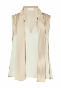 Top senza maniche beige con scollatura a V e dettaglio di sciarpa plissettata sul davanti. Finitura in satin liscia, texture morbida e forma svasata.