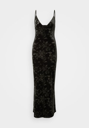 Černé sametové maxi šaty s květinovým vzorem, s véčkovým výstřihem a tenkými nastavitelnými ramínky, navržené pro přiléhavý střih.