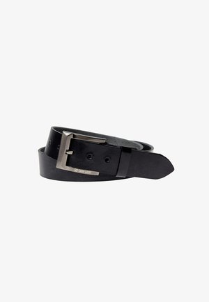Black leather belt with a smooth texture, rectangular silver-tone metal buckle, and multiple adjustment holes. Brand logo displayed.