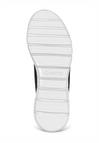 Chaussure en textile noir avec une semelle en caoutchouc blanc flexible, dotée de rainures horizontales et d'une surface texturée ; logo embossé sur la zone du talon.