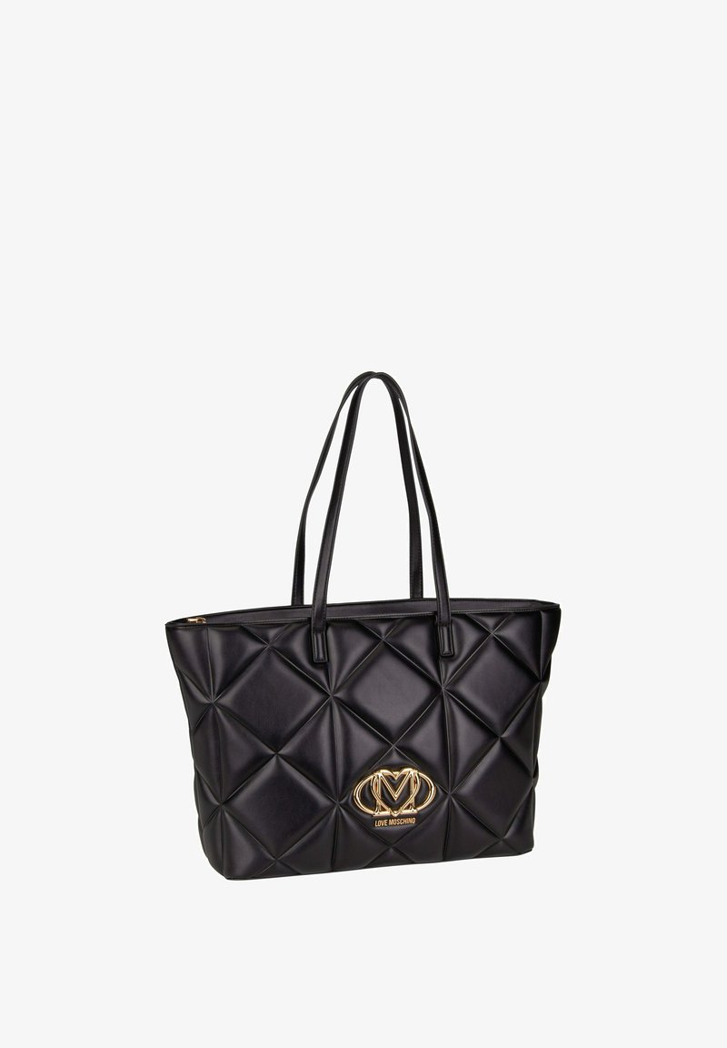 Borsa tote in pelle trapuntata nera con manici doppi, placca con logo Love Moschino in oro sul fronte e chiusura con zip superiore.