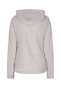 Pulover din polar gri deschis, cu glugă, mâneci lungi și o textură netedă. Prezintă un tiv rotunjit și fără hardware sau embellishments vizibile.