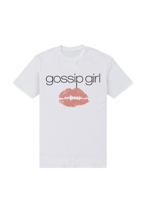 Hvid T-shirt med sort tekst "gossip girl" over et stort lyserødt læbestiftmærke i midten foran.