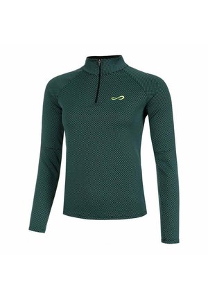 Donkergroene sporttop met lange mouwen, een halve rits kraag, een gestructureerd patroon en een klein geel logo op de linkerborst.