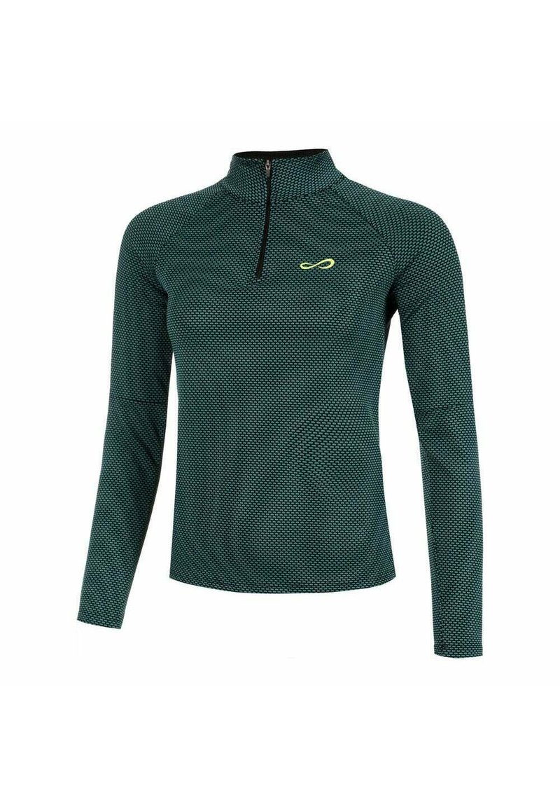 Maglietta sportiva a maniche lunghe di colore verde scuro con collo a mezza zip, motivo testurizzato e un piccolo logo giallo sul lato sinistro del petto.