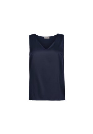 Marineblå ærmeløs bluse med V-hals og glat stof, vist på en ensfarvet hvid baggrund.