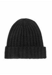 Czarna dziana czapka beanie o prążkowanej strukturze i podwiniętym mankiecie, z dopasowanym czubkiem i miękkim materiałem wełnianym.