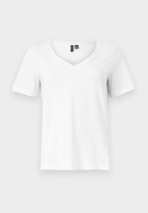 Enkelt hvitt kortermet V-hals T-skjorte vist flatt mot en hvit bakgrunn.