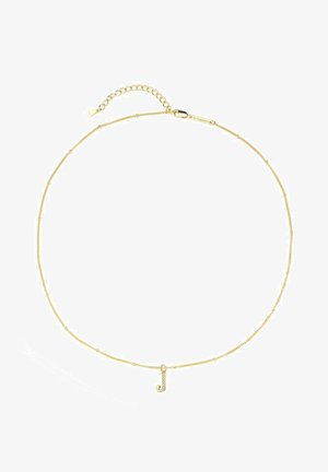 Collar de cadena de oro con un diseño delicado y texturizado, adornado con un pequeño charm decorativo con la letra "J". Incluye un cierre y cadena de extensión.