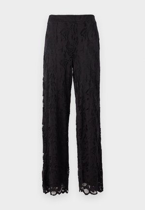Black wide-leg pants with a lace texture, featuring floral patterns and scalloped hems. Lightweight and flowy design for comfort.