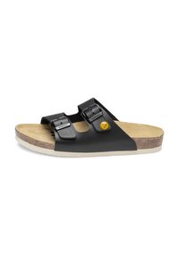 Schwarze Badesandalen mit zwei verstellbaren Riemen, Korkfußbett und Gummisohle. Mit gelbem Logodetail auf dem Riemen.