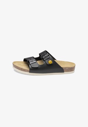 Black slide sandals with two adjustable straps, cork footbed, and rubber sole. Features yellow logo detail on the strap.
