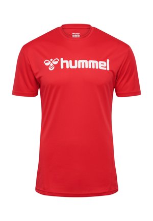 Rød sports T-shirt lavet af letvægtsstof, med rund hals og korte ærmer, og et stort hvidt "hummel" logo på forsiden.