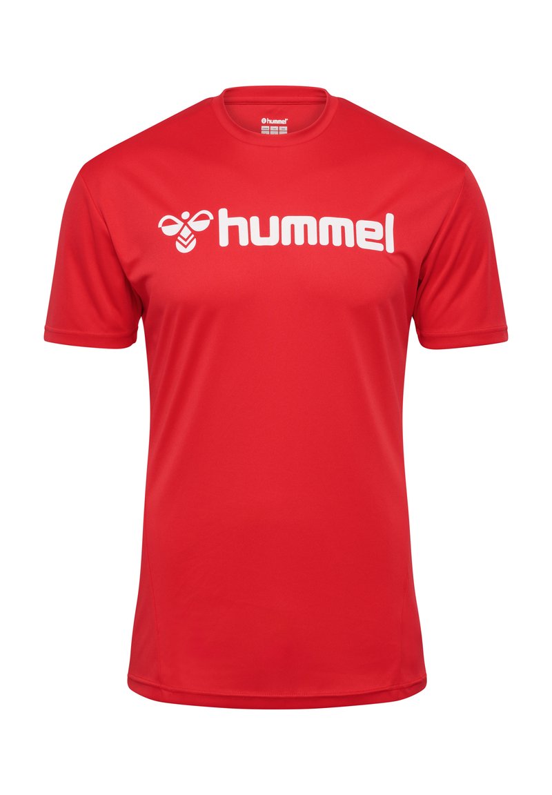 Röd sporttröja i lättviktsmaterial, med rund hals och korta ärmar, försedd med en stor vit "hummel"-logga på framsidan.