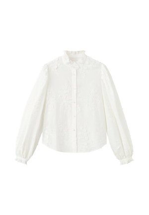 Witte blouse met lange mouwen, bloemenborduursel, knoopsluiting aan de voorkant, gerimpelde kraag en gerimpelde manchetten.