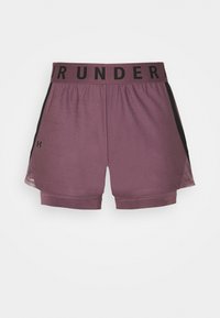 Purple athletic shorts with built-in compression layer, black side stripes, and a waistband featuring bold black "Under Armour" text.